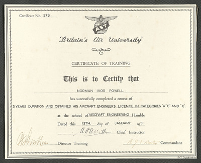 Aircraft engineer certificate of training · IBCC Digital Archive