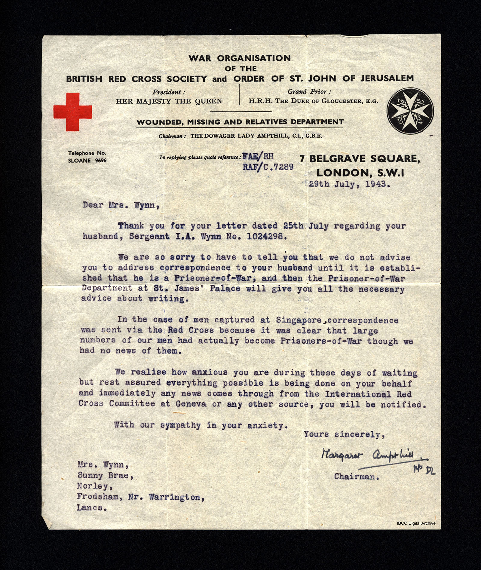 Letter To Mrs Wynn From British Red Cross Ibcc Digital Archive