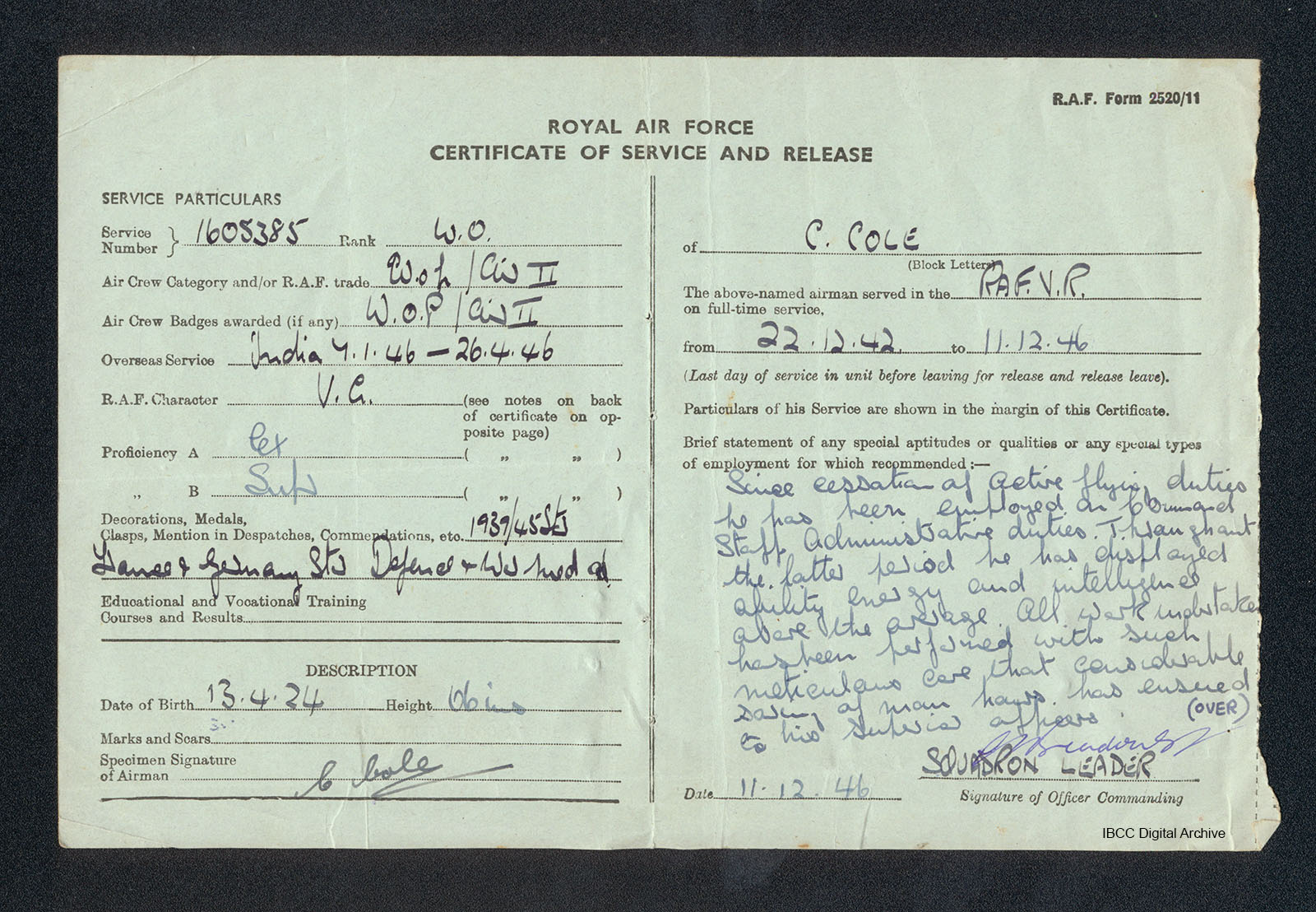 Royal Air Force Certificate of Service and Release · IBCC Digital Archive