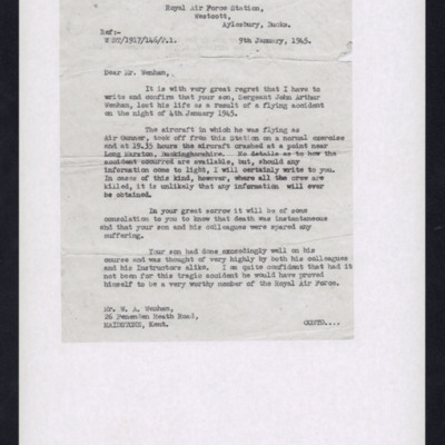 Letter confirming John Wenham&#039;s death