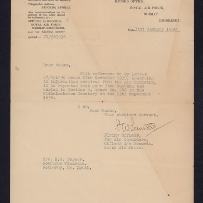 Letter to Kaye Turner from Royal Air Force records office