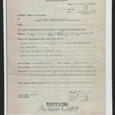 Speeding ticket for Ken 1947