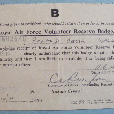 Ronald Walker receipt for RAFVR badge