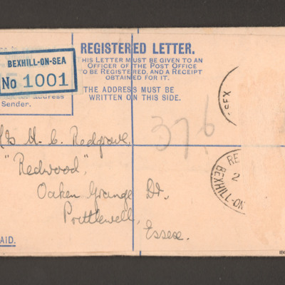 Registered letter to Mrs H Redgrave