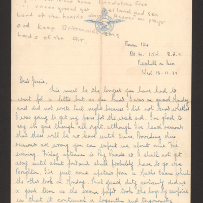 Letter to Mrs H Redgrave from her husband