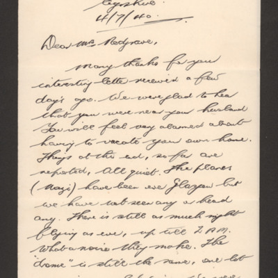 Letter to Mrs H Redgrave from Mr A D Watt
