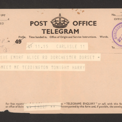 Telegram to Jessie from Harry Redgrave