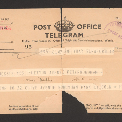 Telegram to Jessie from Harry Redgrave
