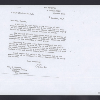 Letter to Mrs E Wharmby from the Air Ministry