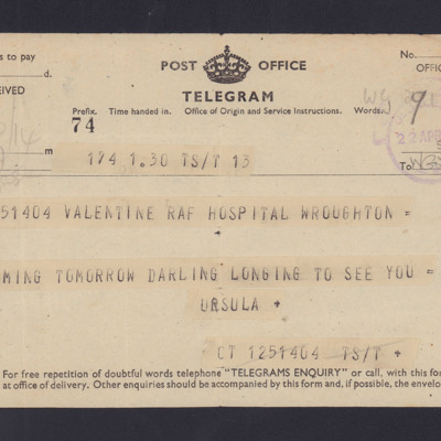 Telegram from Ursula Valentine to husband John