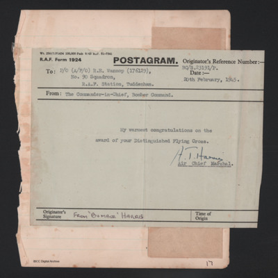 Telegram to R E Wannop from &#039;Bomber Harris&#039;