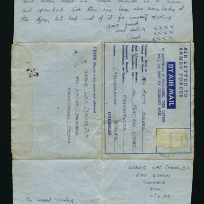 Letter from Dave Davies to Betty Hughes