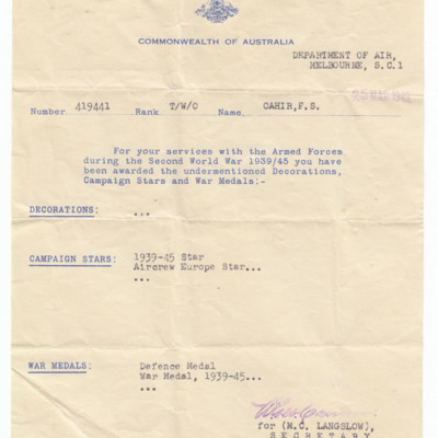 Letter to Jim Cahir awarding him two medals