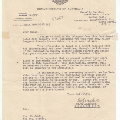 Letter to Mrs Cahir from the Casualty Section, Ministry of Air
