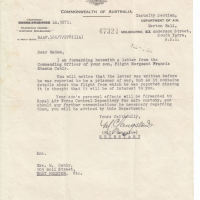 Letter to Mrs Cahir from the Casualty Section, Department of Air