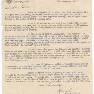 Letter to Mrs Cahir from Wing Commander 466 Squadron
