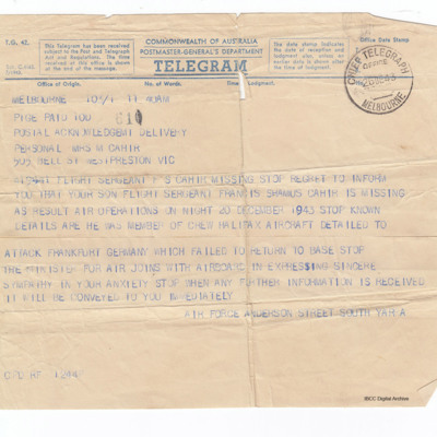 Telegram to Mrs Cahir from RAAF