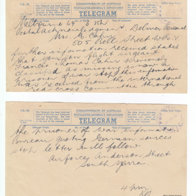Telegram to Mrs Cahir from the RAAF