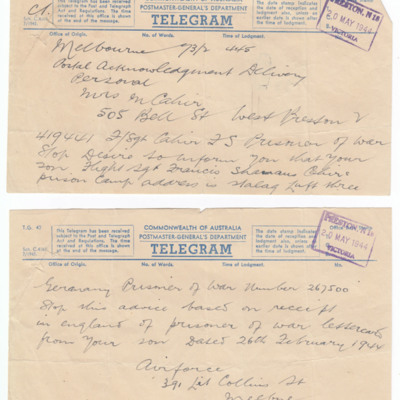 Telegram to Mrs Cahir from the RAAF