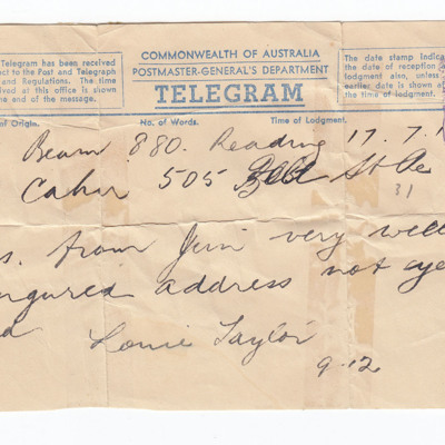 Telegram to Mrs Cahir from Ronnie Taylor