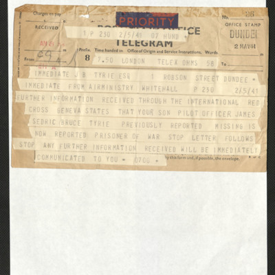 Telegram to Mr JB Tyrie from Air Ministry
