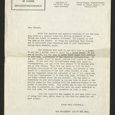 Letter from War Prisoners Aid accompanying a wartime log