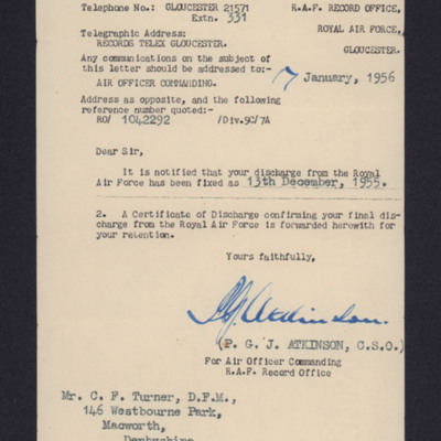 Letter to Charles Turner from RAF Record Office