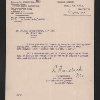 Letter to Charles Turner from RAF Record Office