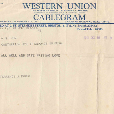 Telegram from Terry Ford to his Parents