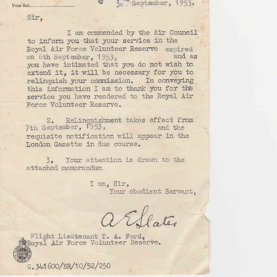 Letter to Flight Lieutenant Terry Ford from the Air Ministry