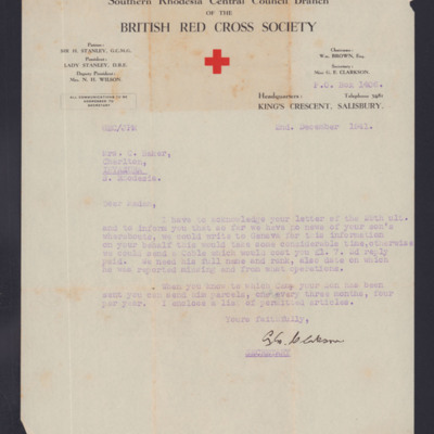 Letter to Mrs Baker from Red Cross