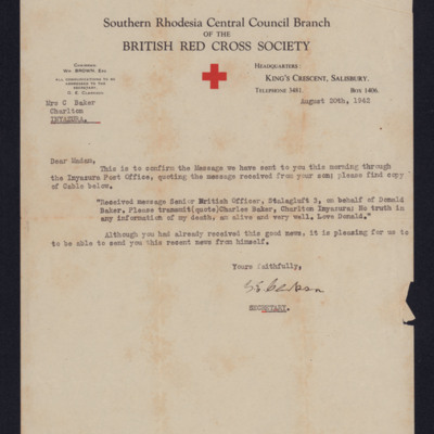 Letter from Red Cross to Donald Baker&#039;s mother