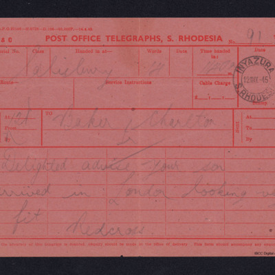 Telegram to Donald Baker&#039;s parents from Red Cross