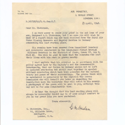 Letter to Alfred Dickerson&#039;s father from the Air Ministry