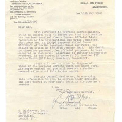 Letter to Alfred Dickerson&#039;s father from RAF records department