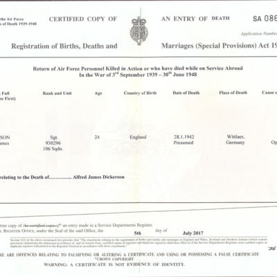 Alfred Dickerson&#039;s death certificate