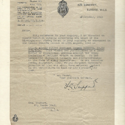 Letter to Mrs Louise Dunmore from the Air Ministry