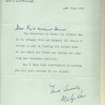 Letter to George Dunmore from the Ministry of Defence