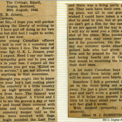Letter to E B Jensen from Miss M J Robertson