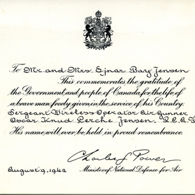 Card from Canadian minister of national defence to Mr and Mrs E B Jensen