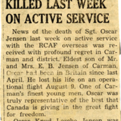 Newspaper cutting - Sgt Oscar Jensen killed last week on active service