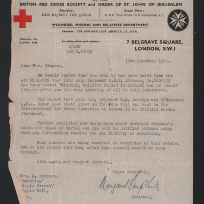 Letter to Henry Simpson&#039;s father from the Red Cross 