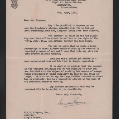Letter to Henry Simpson&#039;s father from Wing Commander D A Garner