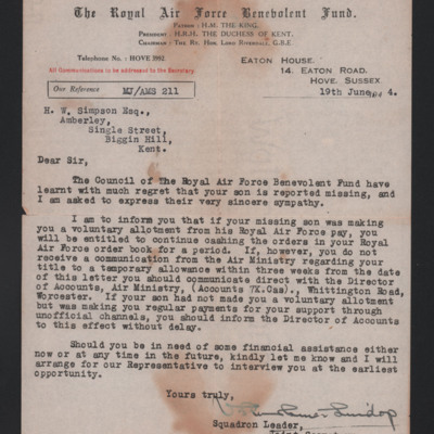 Letter to Henry Simpson&#039;s father from the RAF Benevolent Fund
