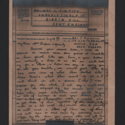 Letter from Mrs J Powdrill to Henry Simpson&#039;s parents