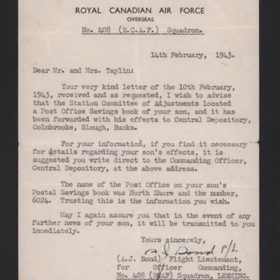 Letter to John Taplin&#039;s Parents from 408 Squadron