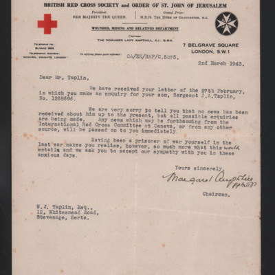 Letter to John Taplin&#039;s Father from the British Red Cross