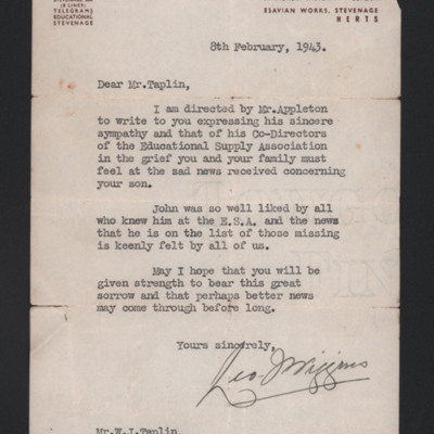 Letter to John Taplin&#039;s Father from Educational Supply Association Ltd