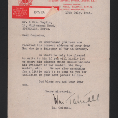Letter to John Taplin&#039;s Parents from the Salvation Army