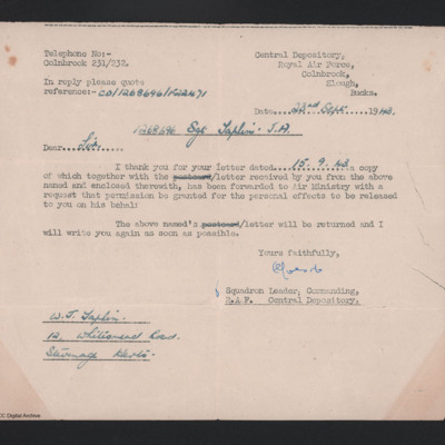 Letter to John Taplin&#039;s Father from RAF Central Depository
